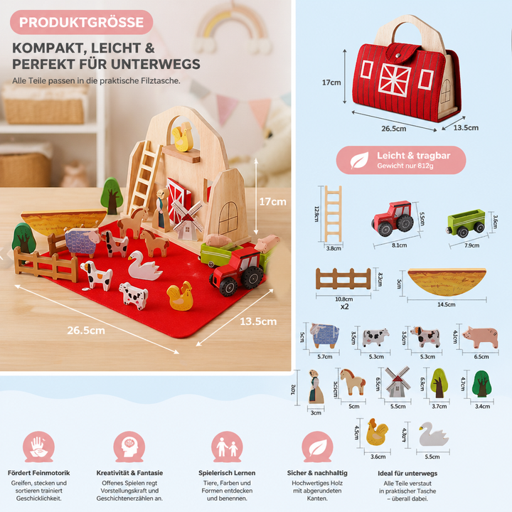 Verschiedene Bauernhoftiere & Objekte aus Holz und Filz; Montessori Lernspielzeug für Kleinkinder auf Reisen.