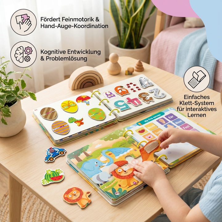 Pädagogisches Montessori Beschäftigungsbuch, trainiert Feinmotorik & kognitive Entwicklung bei Kindern.