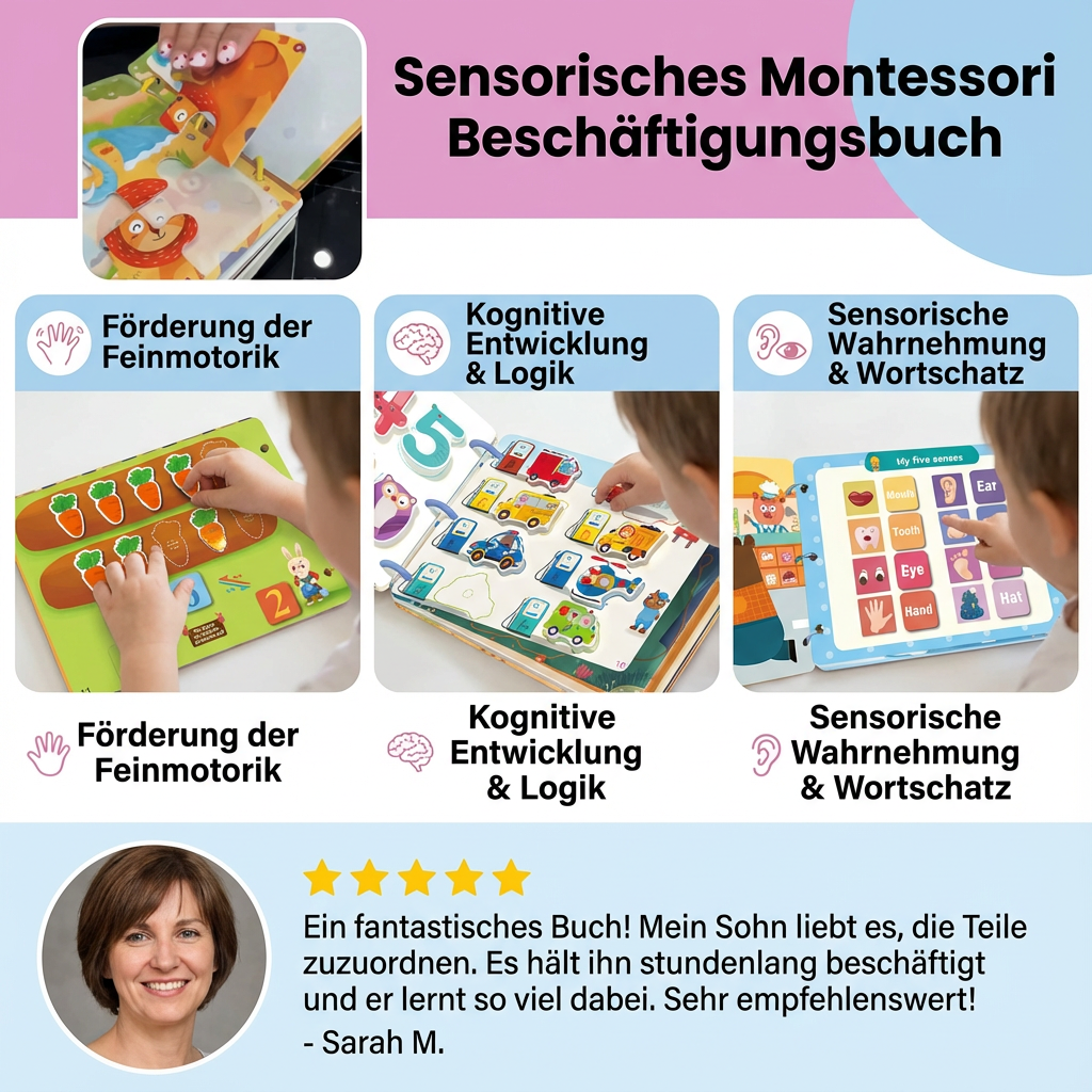 Lernspielzeug Montessori: Interaktives Kinderbuch zur Frühförderung, fördert spielerisch Fähigkeiten.