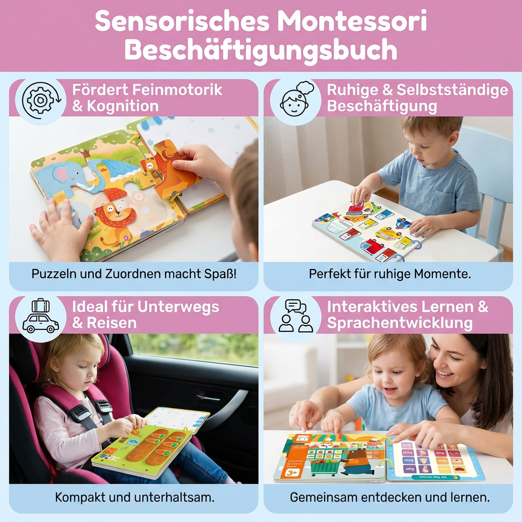 Kleinkind-Beschäftigungsbuch: Montessori Lernbuch mit sensorischen Elementen für spielerische Entwicklung.