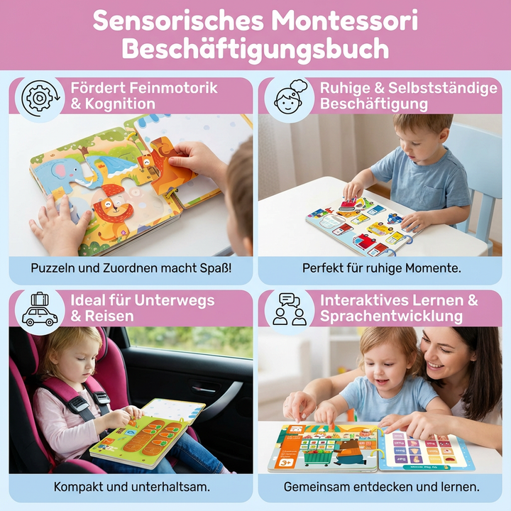 Kleinkind-Beschäftigungsbuch: Montessori Lernbuch mit sensorischen Elementen für spielerische Entwicklung.