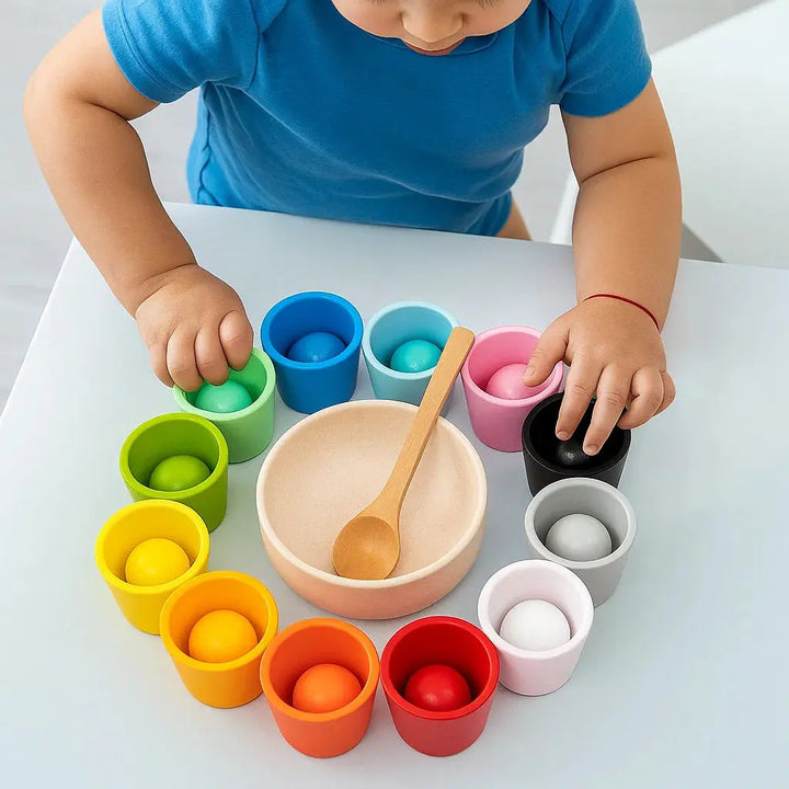 Montessori Farb- & Sortierspiel aus Holz für Kinder: Farben lernen, Feinmotorik entwickeln.