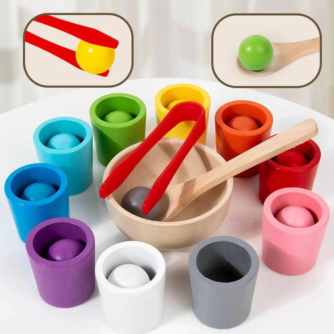 Vorschulkinder lernen Farben & entwickeln Feinmotorik mit diesem Montessori Holz Farb- & Sortierspiel.