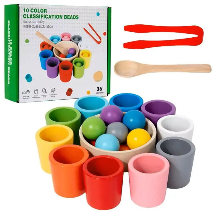 Montessori Lernspielzeug-Set: Farb- & Sortierspiel mit Holzbausteinen zur Förderung der Feinmotorik bei Kindern.