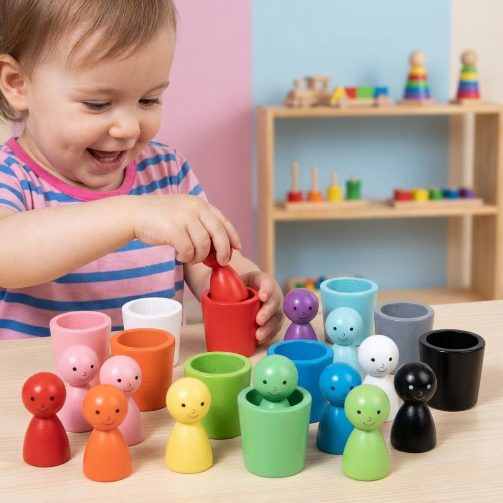 Montessori Farb-Sortierspiel aus Holz für Kleinkinder zur Farberkennung und Frühförderung.