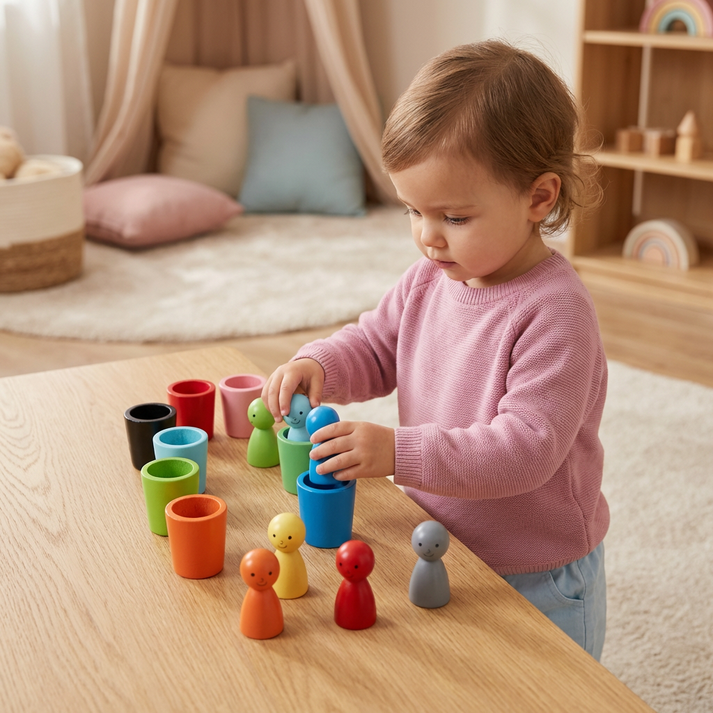 Pädagogisches Holzspielzeug für Kleinkinder: Montessori Farb-Sortierbecher zum Erlernen von Farben.