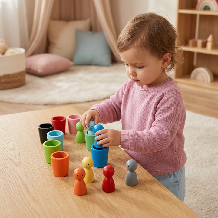 Pädagogisches Holzspielzeug für Kleinkinder: Montessori Farb-Sortierbecher zum Erlernen von Farben.
