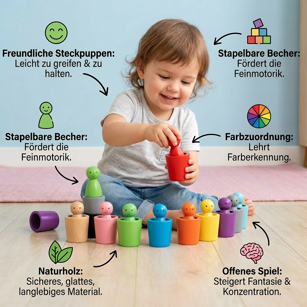Nachhaltiges Holzspielzeug für 1-3-jährige: Montessori Farb-Sortierbecher mit bunten Kugeln.