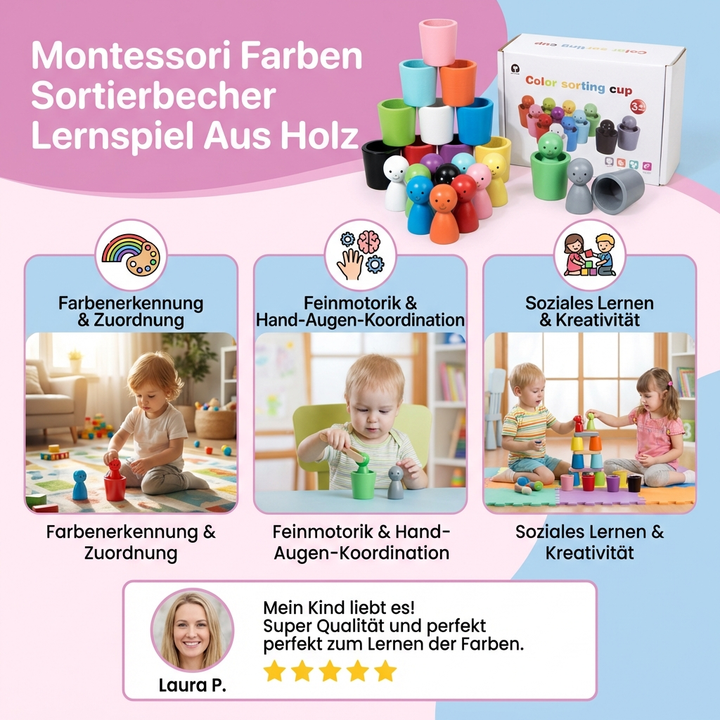 Fördert Motorik & kognitive Entwicklung: Montessori Farb-Sortierbecher aus Holz für Vorschulkinder.