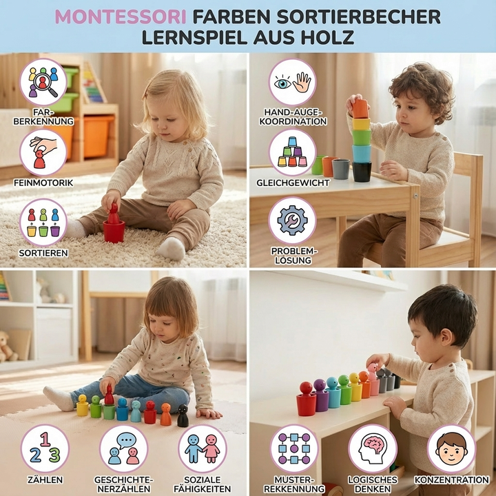 Kleinkind sortiert bunte Holzkugeln in passende Becher. Montessori Lernspielzeug für spielerisches Lernen.