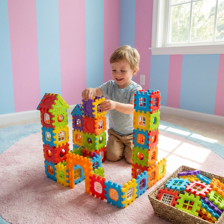 Montessori Fenster Bausteine Set: Farbiges Holzspielzeug fördert Kreativität & Feinmotorik bei Kindern.