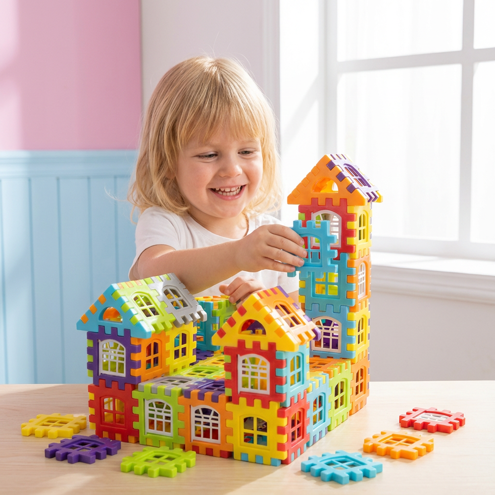 Detailaufnahme der Montessori Fenster Bausteine aus Holz mit farbigen, durchsichtigen Einsätzen. Lernspielzeug.