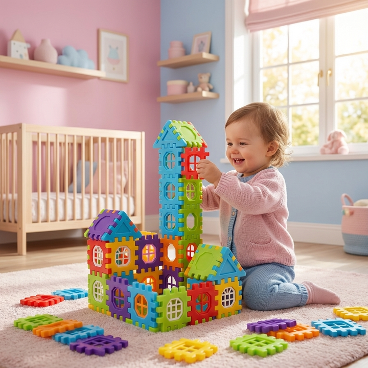 Kind baut Turm mit Montessori Fenster Bausteinen; entwickelt Motorik, Kreativität & räumliches Denken.