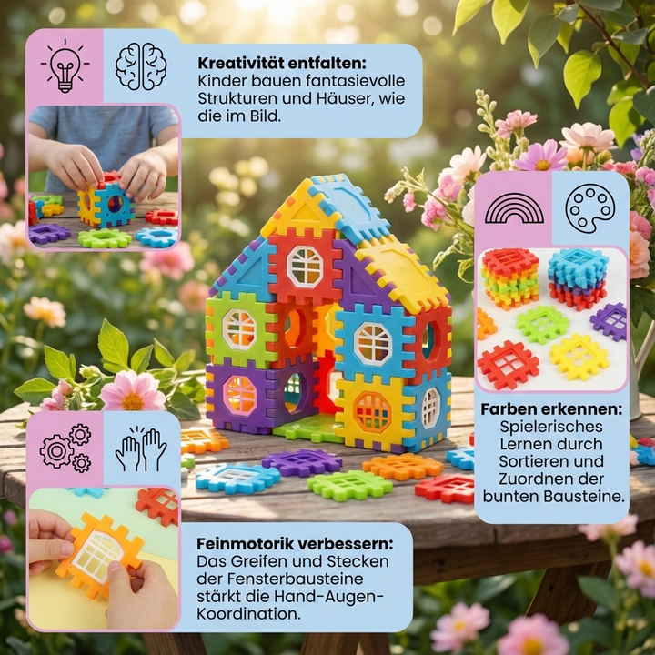 Buntes Montessori Baustein Set für Kinder: Fenster Bausteine aus Holz zur Förderung der Entwicklung.