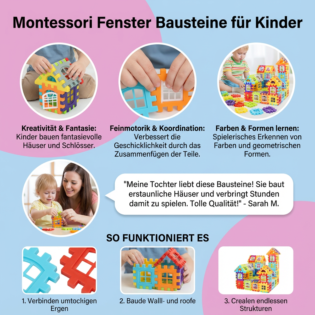 Nahaufnahme der transparenten Elemente der Montessori Fenster Bausteine; tolles Lernspielzeug.