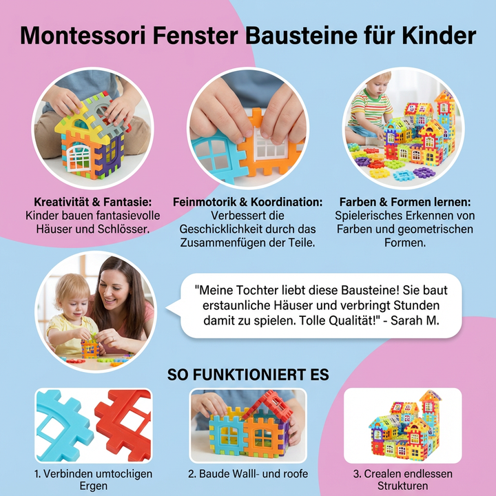 Nahaufnahme der transparenten Elemente der Montessori Fenster Bausteine; tolles Lernspielzeug.