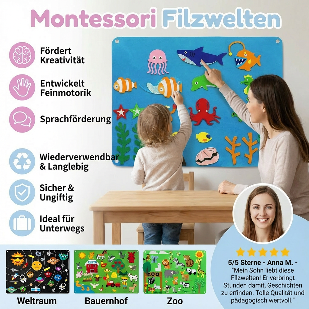 Bunte Filzteile des Montessori Lernspielzeugs, ideal für Feinmotorik & Rollenspiele.