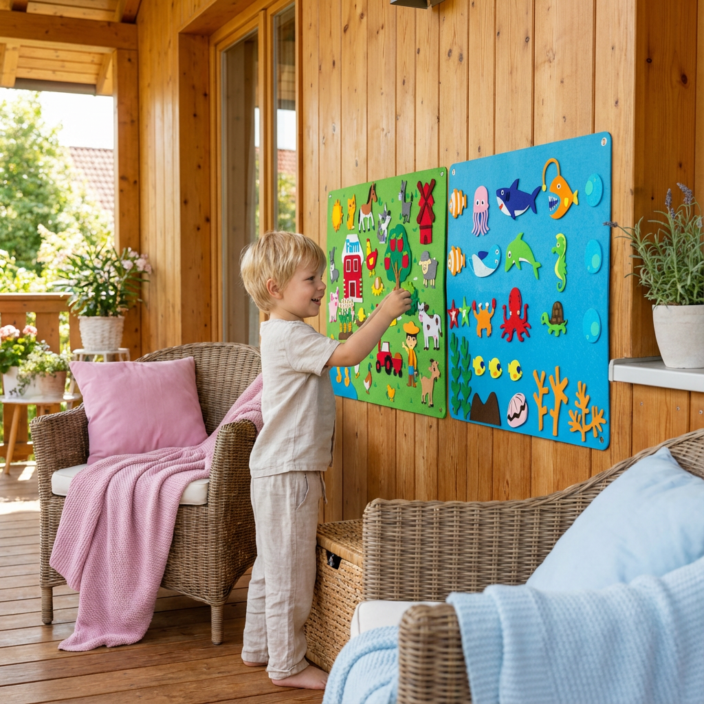 Kind spielt mit Montessori Filzwelten Lernspielzeug, entwickelt Fantasie & Bildung.