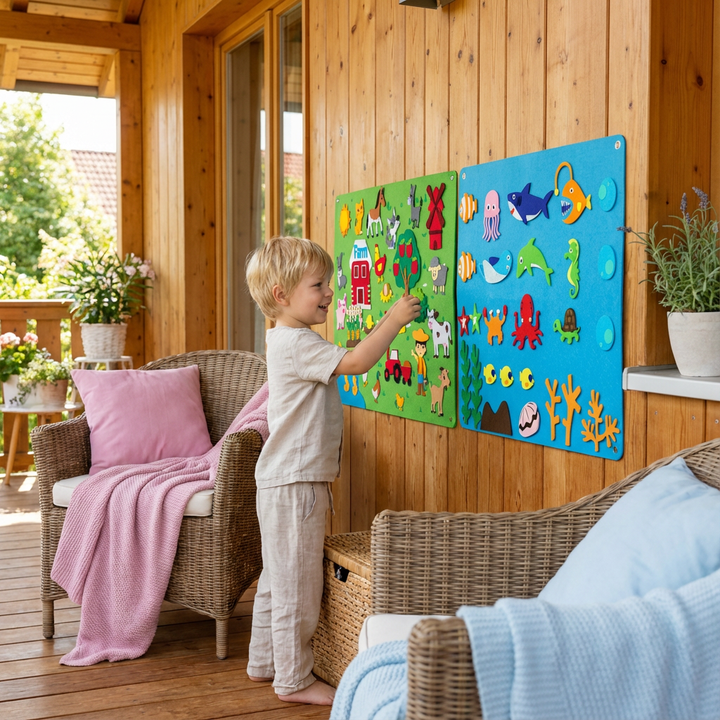 Kind spielt mit Montessori Filzwelten Lernspielzeug, entwickelt Fantasie & Bildung.