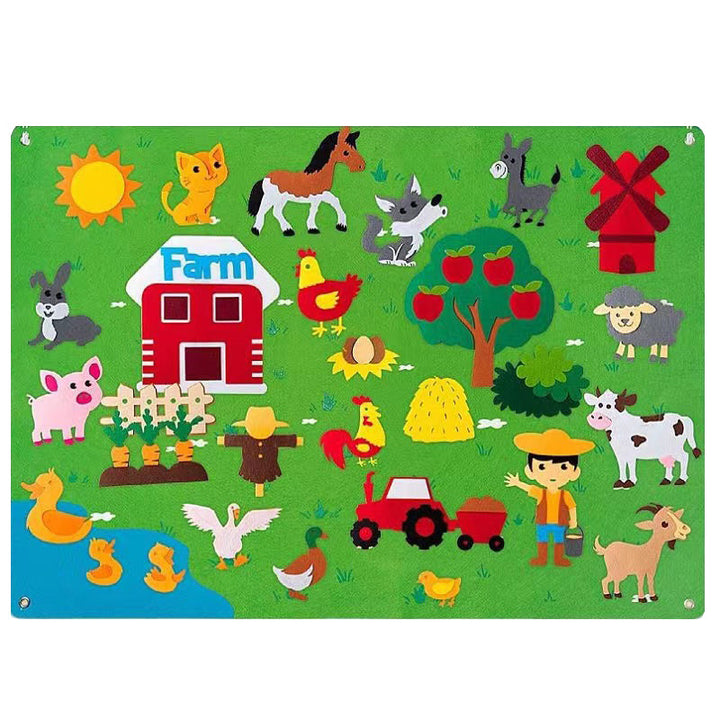 Montessori Filzwelten Lernspielzeug-Set, alle Teile ordentlich verstaut, bereit zum Spielen.