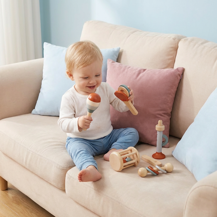 Montessori Holz Musikinstrumente Set für Babys, 5-teilig. Fördert Sensorik & Feinmotorik. Ideales Babyspielzeug aus Holz.