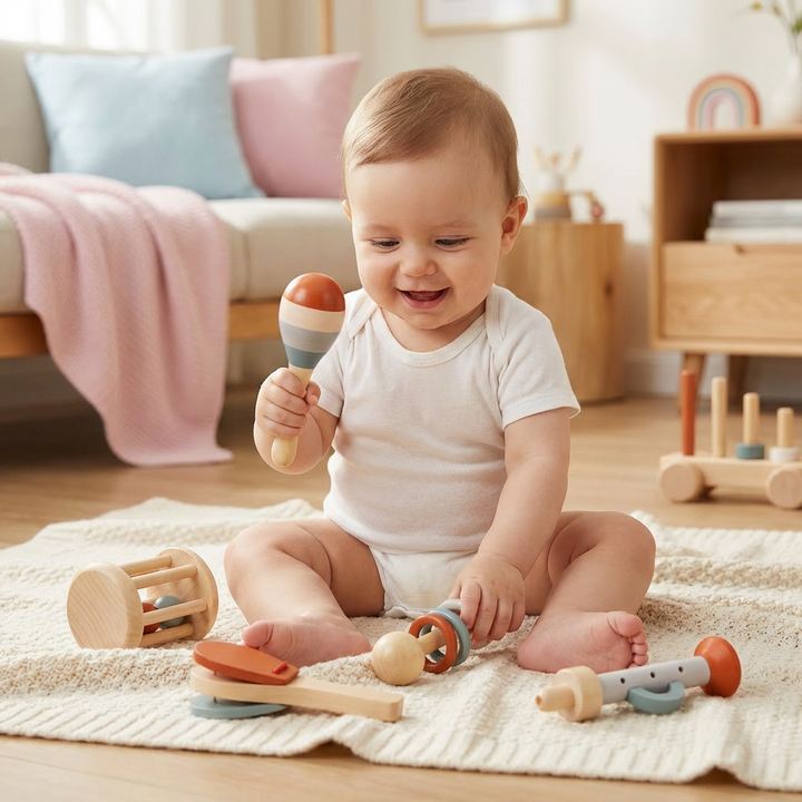 5-teiliges Holz Babyspielzeug Musikset. Sensorisches Montessori Holzspielzeug zur Förderung der Feinmotorik.