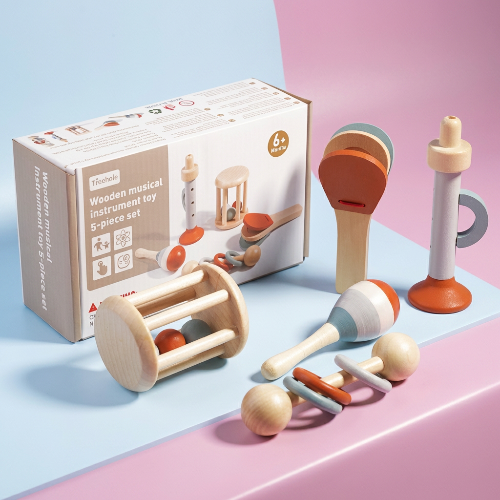 Pädagogisches Montessori Holz-Musikinstrumente Set für Babys. Fördert frühkindliche Entwicklung & Sensorik. Geschenkidee.