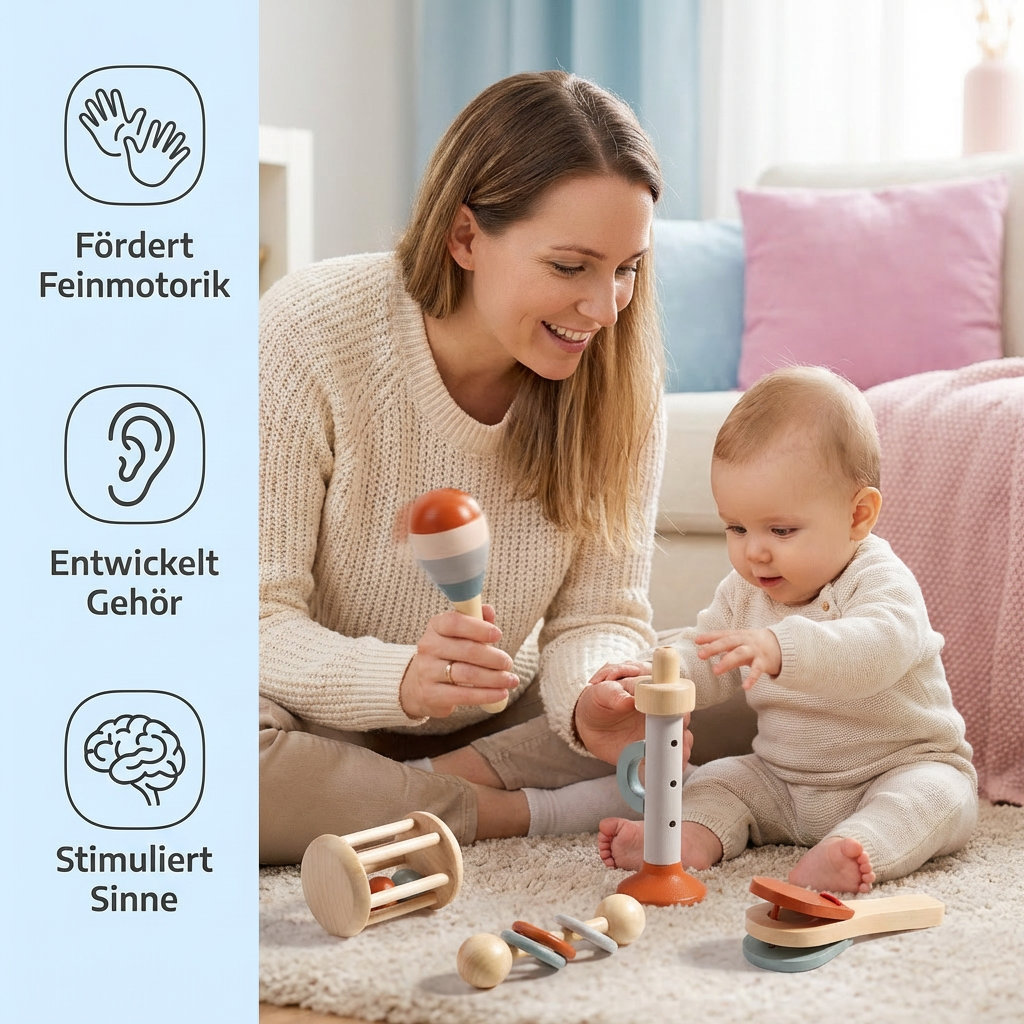 Detailansicht eines Holz-Musikinstruments aus dem 5-teiligen Montessori Set für Babys. Naturholz, sicher & griffig.