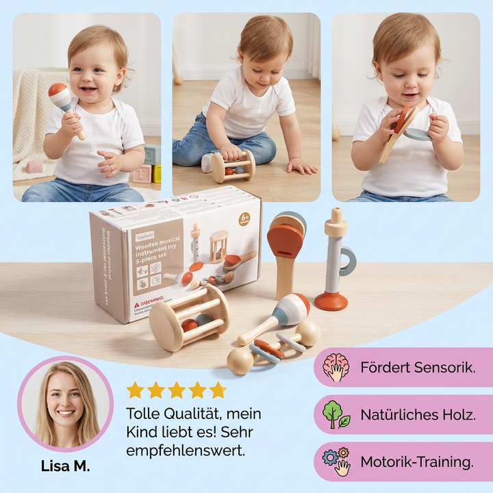 Baby spielt mit einem Montessori Holz-Musikinstrument. Fördert musikalische Entwicklung & Sensorik. Sicheres Holzspielzeug.