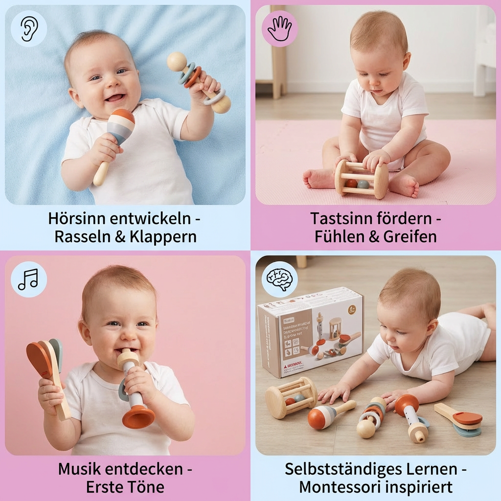 Das komplette 5-teilige Montessori Holz-Musikinstrumente Set für Babys. Hochwertiges, sensorisches Holzspielzeug.