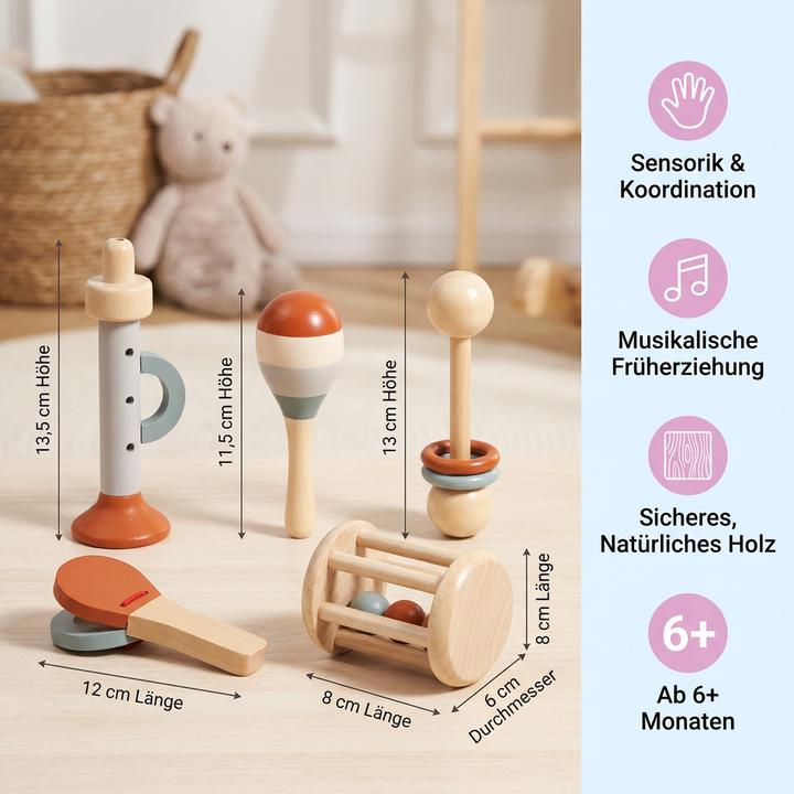 Sicheres Montessori Holzspielzeug für Babys. 5 Musikinstrumente fördern Sensorik, Feinmotorik & Freude am Klang.
