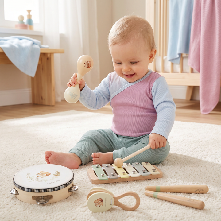 Montessori Holz-Musikinstrumente Set für Babys: Xylophon, Rassel, Maracas. Fördert Musik, Sensorik & Motorik.