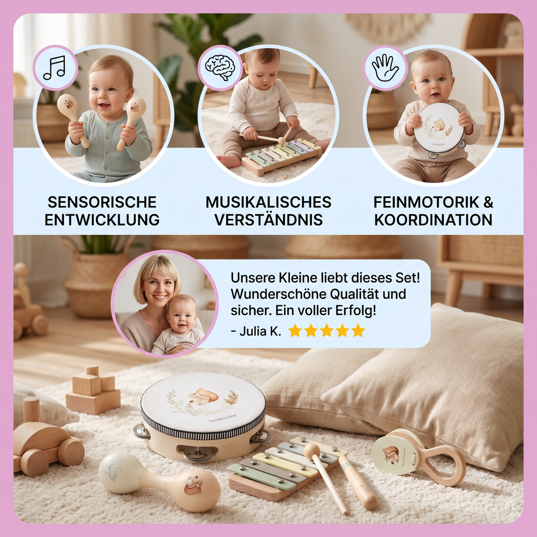 Lernspielzeug Montessori: Holz-Musikinstrumente zur Frühförderung von Motorik, Sensorik & Kreativität bei Babys.