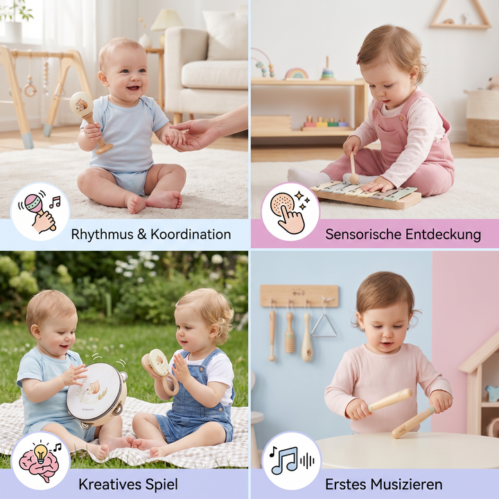 Hochwertige Holz-Musikinstrumente für Babys. Sicheres, natürliches Montessori Babyspielzeug zur Frühförderung.