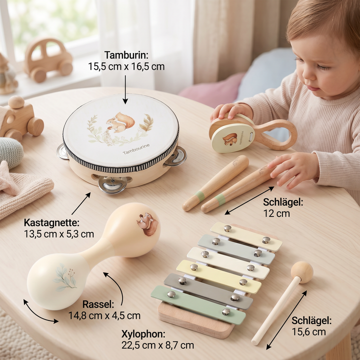 Geschenk für Babys: Montessori Holz-Musikinstrumente Set zur Frühförderung und zum spielerischen Lernen.