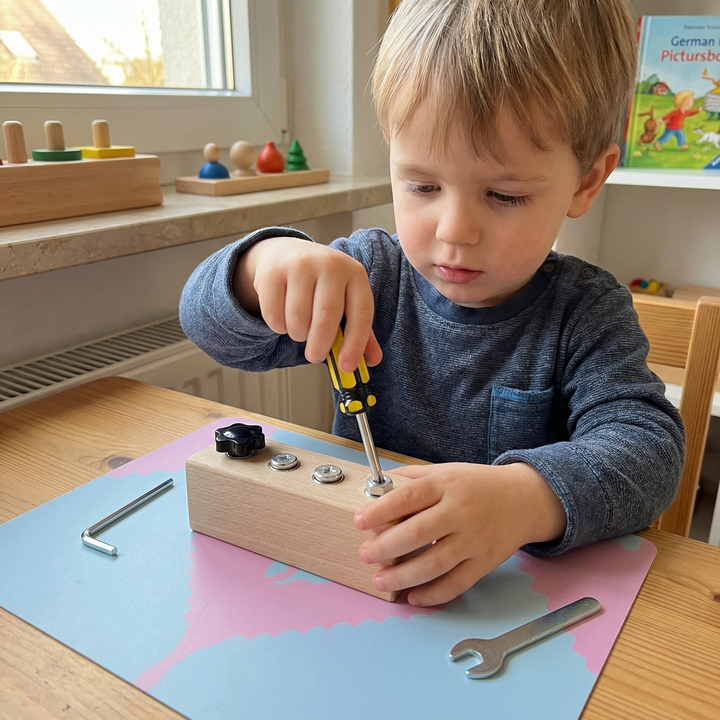 Montessori Holz-Schraubspiel fördert Feinmotorik & Konzentration bei Kindern.