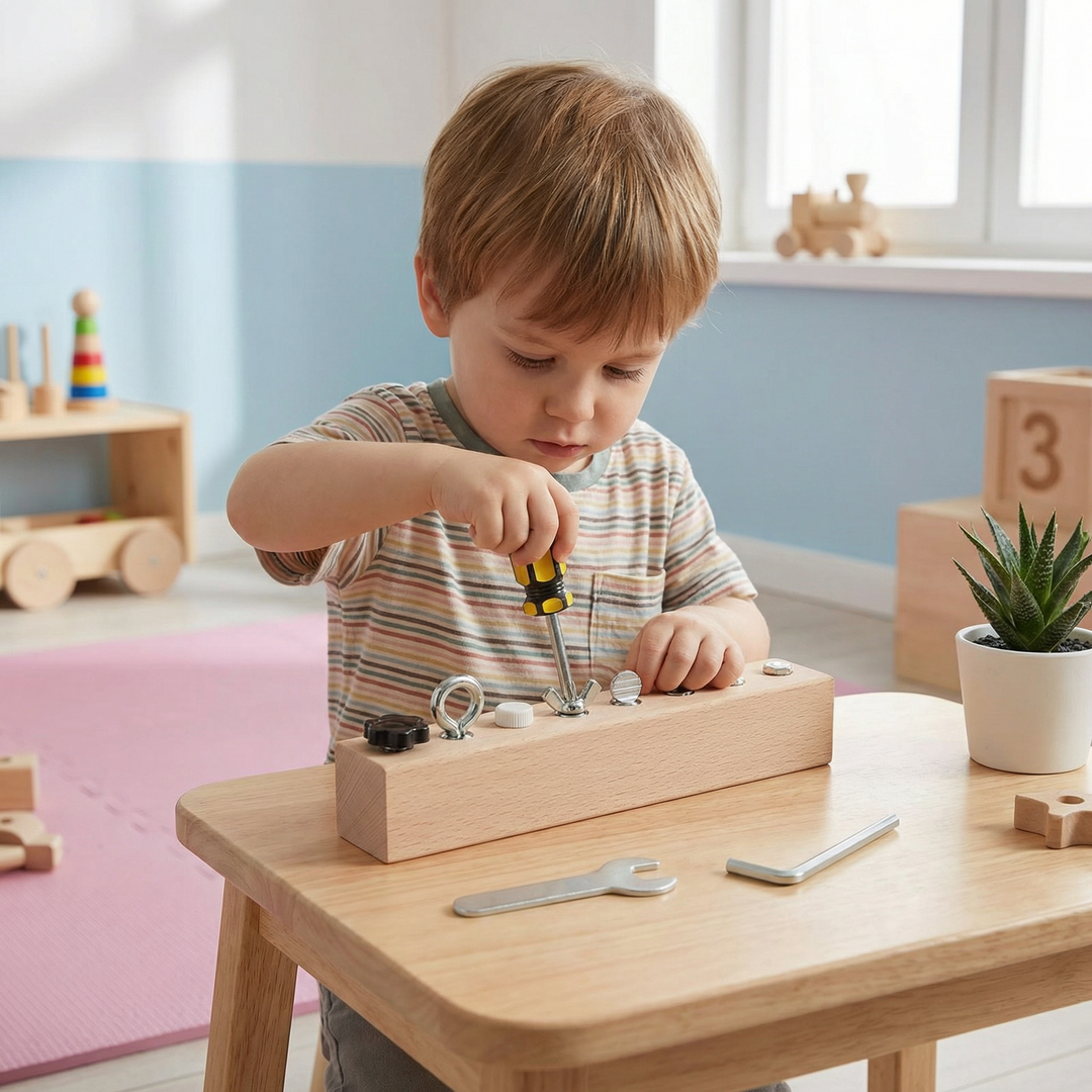 Kind spielt konzentriert mit Montessori Holz-Schraubspiel, trainiert Feinmotorik & Geschicklichkeit.
