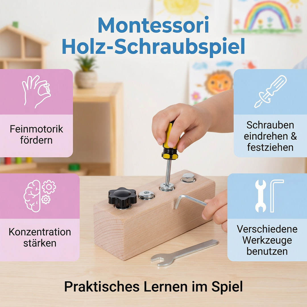 Detailansicht: Bunte Holzschrauben & Muttern des Montessori Feinmotorik-Spiels für Vorschulkinder.
