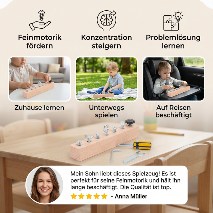 Montessori Holz-Schraubspiel-Set: Pädagogisches Lernspielzeug für Motorik & Konzentration bei Kindern.