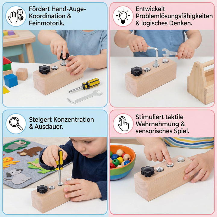 Hochwertiges Holz-Schraubspiel nach Montessori-Prinzip, sicheres Lernspielzeug für Feinmotorik.