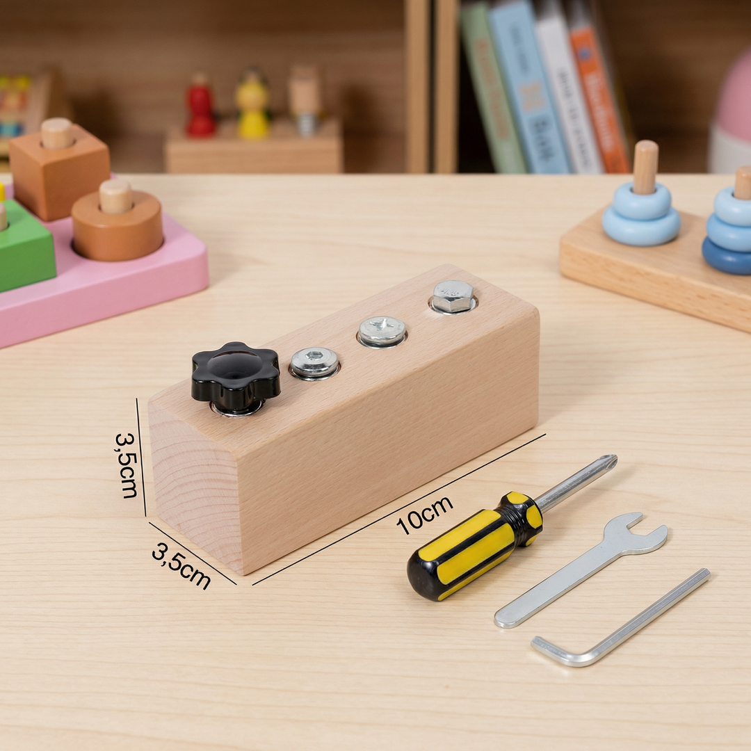 Pädagogisches Holz-Schraubspiel zur Stärkung von Konzentration, Motorik & Geschicklichkeit bei Kindern.