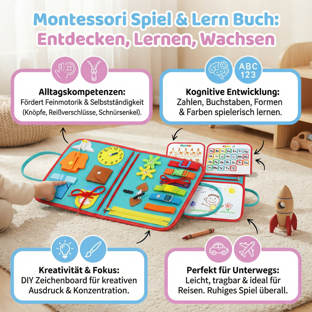 Detailreiches Montessori Aktivitätsbuch für Kinder. Fördert Feinmotorik, kognitive Fähigkeiten & Vorschulbildung.