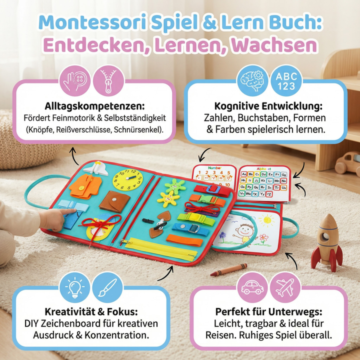 Detailreiches Montessori Aktivitätsbuch für Kinder. Fördert Feinmotorik, kognitive Fähigkeiten & Vorschulbildung.