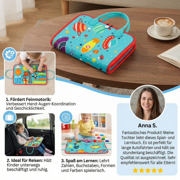 Interaktives Montessori Lernbuch, ideal für Kinder. Spielerisches Lernen, Entwicklung von Feinmotorik & Kognition.
