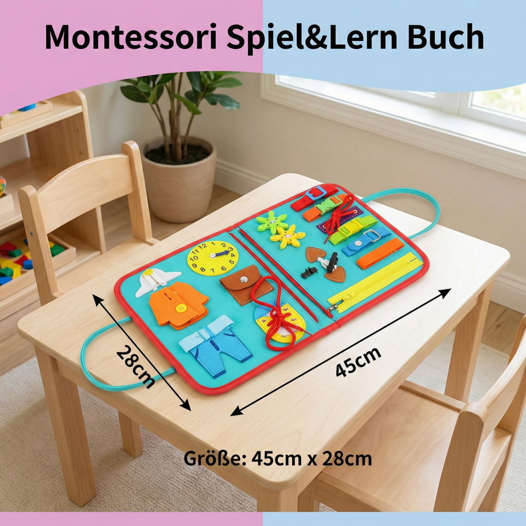 Buntes Montessori Spielbuch für Kleinkinder & Vorschulkinder. Fördert Feinmotorik, Konzentration und kognitive Fähigkeiten.