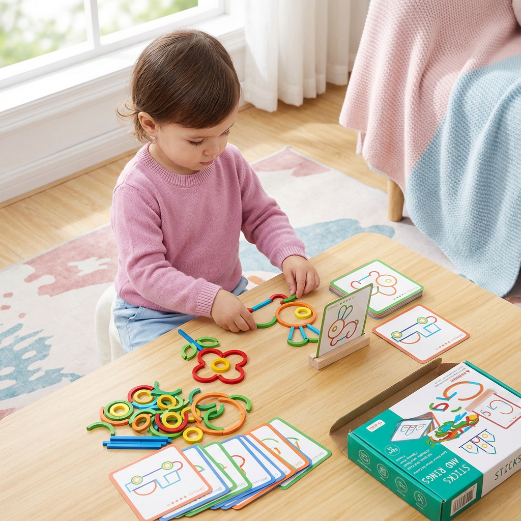 Montessori Lernspiel Stöcke & Ringe Puzzle, Holzbausteine für Kinder. Fördert Feinmotorik & Kreativität.
