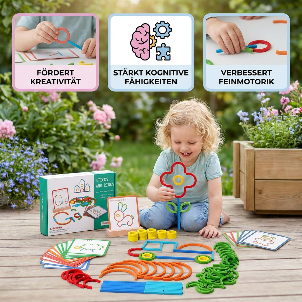 Kinder spielen mit Montessori Holzpuzzle: Stöcke, Ringe & Bausteine. Fördert Feinmotorik, Logik & Entwicklung.