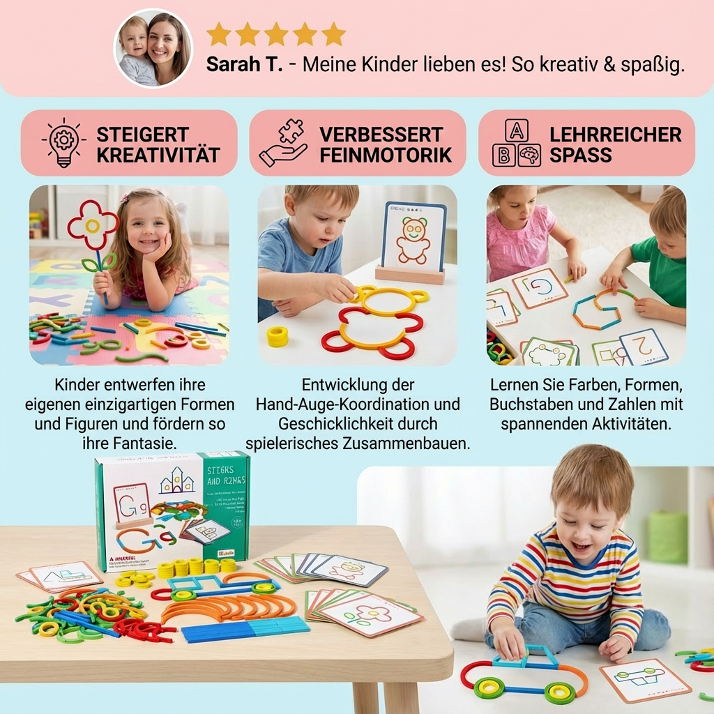 Detailansicht des Montessori Lernspiels: Bunte Ringe auf Holzstäben. Kinder lernen Formen und Farben spielerisch.