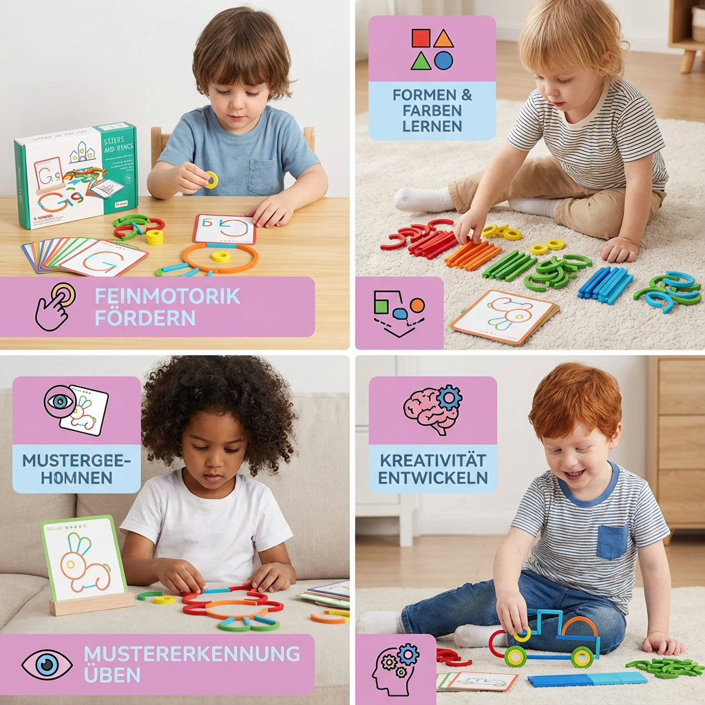 Kind steckt bunte Holzringe auf Stöcke des Montessori Puzzles. Entwickelt Hand-Augen-Koordination & Konzentration.