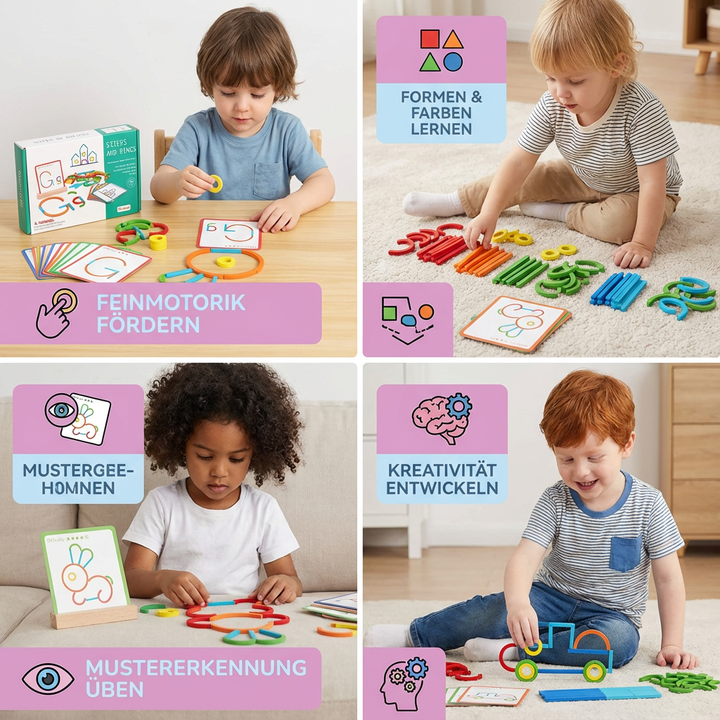 Kind steckt bunte Holzringe auf Stöcke des Montessori Puzzles. Entwickelt Hand-Augen-Koordination & Konzentration.
